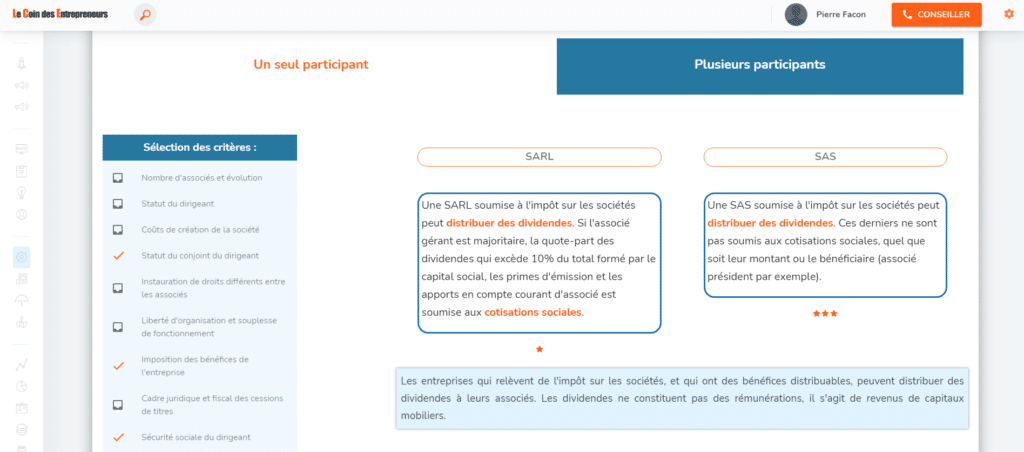 comparateur statut juridique plusieurs participants